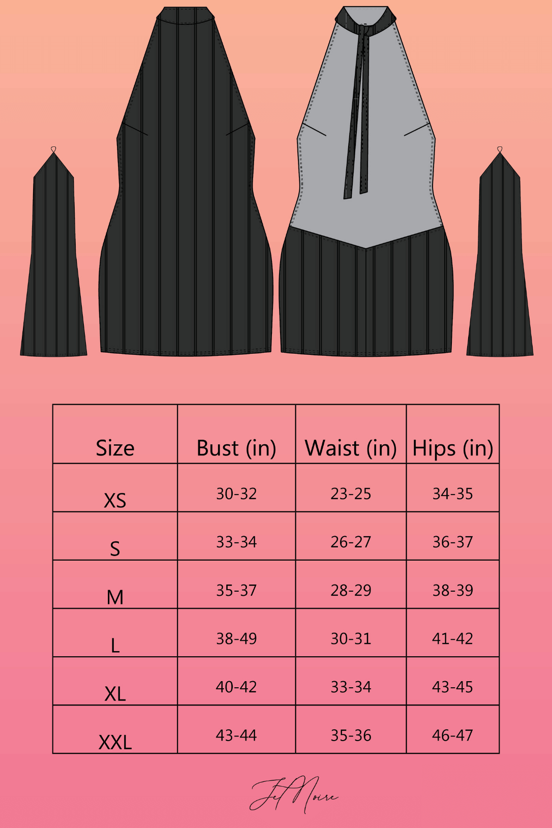 QUINN NOIRE SIZE CHART